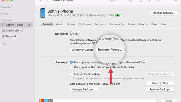 Tại giao diện iTunes trên máy tính, bạn chỉ cần chọn “Restore iPhone” để cài đặt lại mật khẩu cho điện thoại của mình